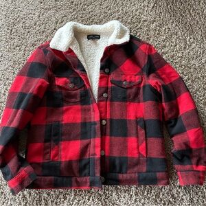 Red and Black Plaid Jean Jacket with Sherpa Lining